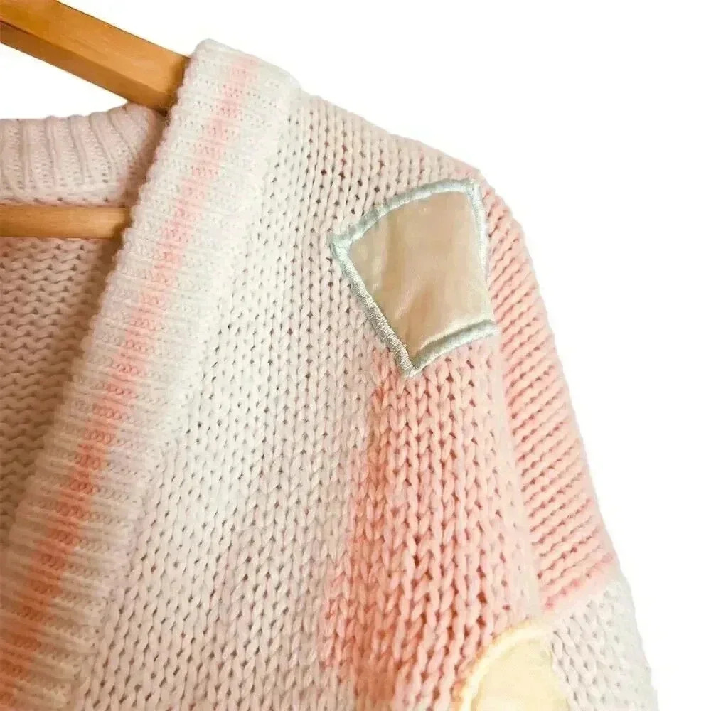 Vintage 90s Stefano Chunky Knit Cardigan Small Pastel Geometric Colorblock - Picture 6 of 8
